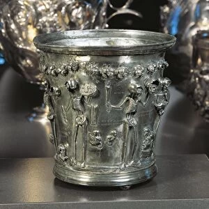 Boscoreale treasure, Silver glass, Relief with skeletons representing Greek philosophers and inscriptions advising to enjoy pleasures of life, From Boscoreale (province of Naples)