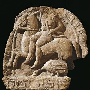 Etruscan civilization, terracotta antefix depicting female figure on horse carrying bow and arrow