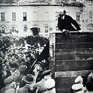 Vladimir Lenin delivers a speech on Sverdlov Square at the parade of troops leaving for the Polish front