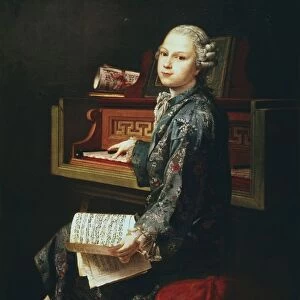 Young musician at the keyboard. Thought by some to be Wolfgang Amadeus Mozart (1756-1791)