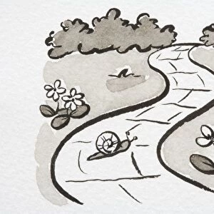 Illustration, Snail crossing winding garden path, side view