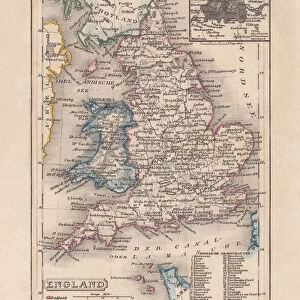 Old map of England and Wales, steel engraving, published 1857