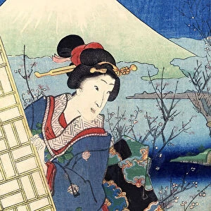 Traditional Woodblock Print Woman and Mount Fuji