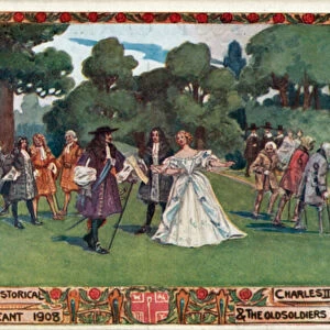 Actors dressed as King Charles II and Nell Gwyn dancing at the Chelsea Historical Pageant, London, 1908 (colour litho)