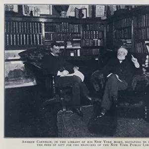 Andrew Carnegie, in the library of his New York home, dictating to his secretary the deed of gift for the branches of the New York Public Library (b / w photo)