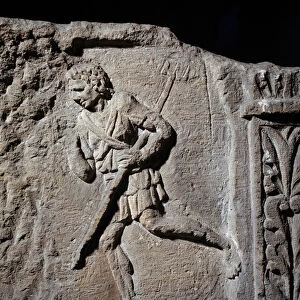 Art Gallo Romain: stele representing a gladiator. 50 BC-100 AD. Metz. Museum of Fine Arts