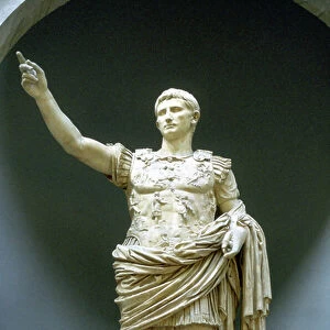 Augustus Caesar: Gaius Julius Caesar Octavianus (63 BC-14 AD), first Roman Emperor from 27 BC. Marble statue in the Vatican, Rome