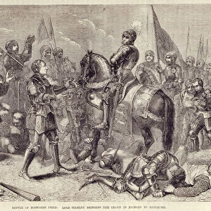 Battle of Bosworth field. Lord Stanley bringing the crown of Richard III to Richmond (1485): end of the War of the Two Roses - in "Cassells illustrated history of England", vol. II, by William Howitt, 1857