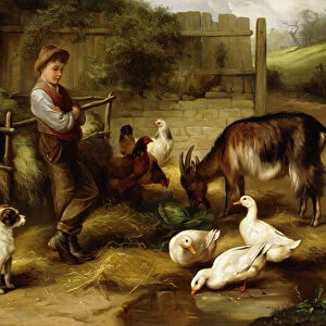 A Boy with Poultry and a Goat in a Farmyard, 1903 (oil on canvas)