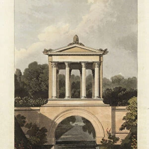 Bridge and classical temple over an ornamental river