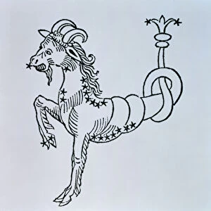 Capricorn (the Goat) an illustration from the Poeticon Astronomicon by C. J. Hyginus, Venice, 1485 (woodcut)