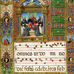 Choral miniature with St. Benedict preaching to monks (pigment on vellum)