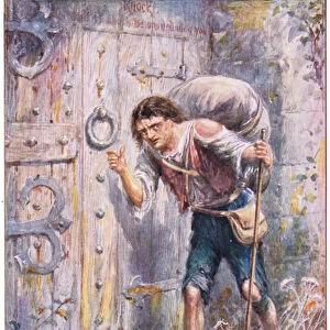Christian reaches the Wicket-Gate, from The Pilgrims Progress published by John F Shaw & Co, c. 1900s (colour litho)