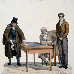 Company scene: "Am I your cashier, sir? ": a father rebukes his spending son - drawing by Pigal, 1820