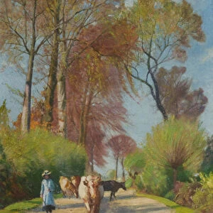 Country Lane with Figure and Cow (oil on board)
