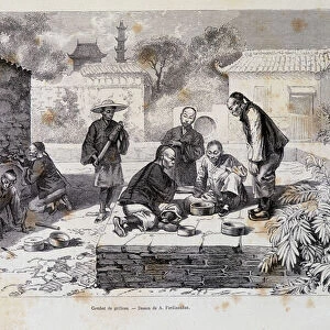 Cricket fighting in Beijing, drawing by A. Ferdinandus - in "The World Tour", 2nd semester 1882