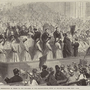 Distribution of Prizes to the Children of the Ragged-School Union at Exeter Hall (engraving)