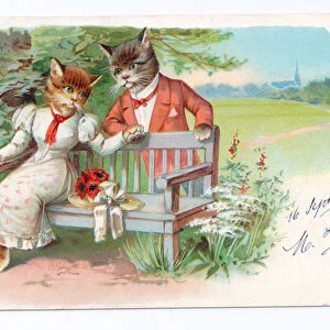 Edwardian postcard of two cats wearing human clothes holding paws, c. 1910 (colour litho)