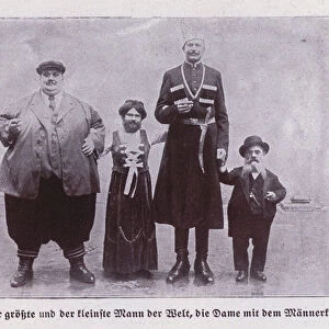The fattest, tallest and shortest men in the World, and a bearded lady (b / w photo)
