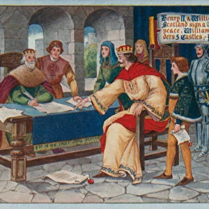 Henry II & William of Scotland sign a treaty of peace (colour litho)