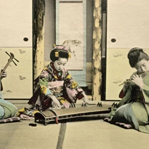 Japanese girls playing the flute, koto and samisen, c