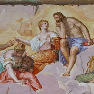 Juno, Jupiter, Cybele and Mercury lying on clouds, above architectural ruins, detail of the Room of Olympus, c. 1557 (fresco)