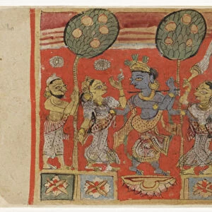 Krishna fluting before two gopis, with a devotee watching, from the Balagopalastuti c