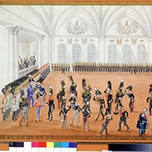 La parade de la garde ( Guard Parade). Peinture anonyme. Aquarelle sur papier, vers 1820. art russe, satire. A. Pushkin Memorial Museum, Saint Petersbourg