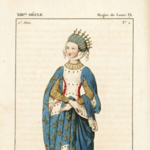 Margaret of Provence (Marguerite de Provence, 1221-1295), consort of King Louis IX of France, 13th century. She wears a crown above a high Greek headdress and veil, full blue cape trimmed with ermine and embroidered with fleurs de liys