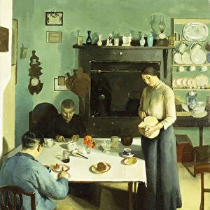 A Meal in the Kitchen, 1920 (oil on canvas)