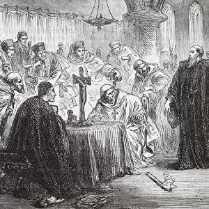 Mollio throwing down his torch before the Inquisition, illustration from