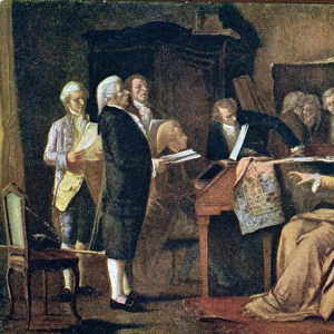 Mozart directing his Requiem on his deathbed (colour litho)