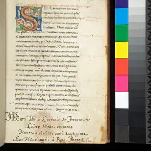 Ms 375. Cicero, De inventione, f. 1r. Illuminated initial [S] on pink, blue and green ground, (Milan), 1452, and ownership inscription of Kaspar Schoppe (1576-16490 using a pseudonym, 17 century (parchment)