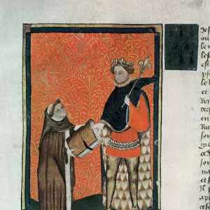 MS Hunter 8 f. 9r The translator Courbichon presenting the book to Charles V (vellum)