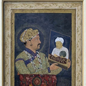 Oriental Art: "Portrait of the Mughal Emperor Djahangir (1569-1627) holding in his hands the portrait of his father Akbar (1542-1605) around 1614"