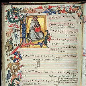 Page of musical notation with a historiated initial, from the Squarcialupi Codex, produced at the Florentine monastery of S. Maria degli Angeli (vellum)