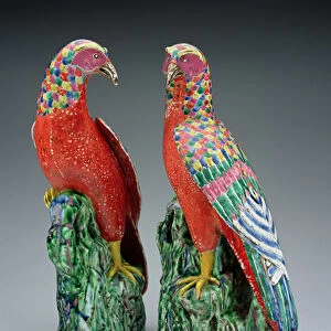 A pair of Chinese porcelain hawks painted in famille rose enamels (porcelain)