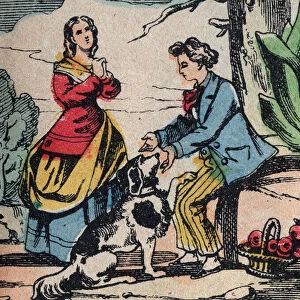 Paul and Virginia lost in nature with their dog, 19th century (epinal print)