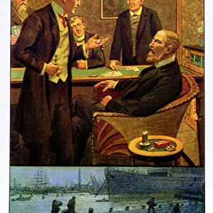 Phileas Fogg takes the bet at the Reform Club that he can travel round the world in 80 days, illustration from an edition published in Berlin, 1900 (colour litho)