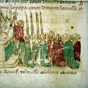 A pope celebrating night mass, 1386 - in "Croniche del Sercambi"around 1400. National Archive, Lucca