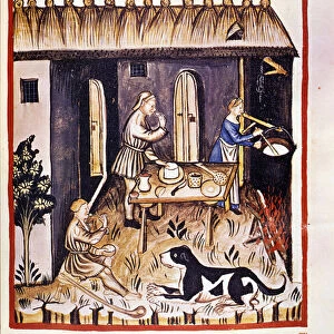 Preparation of ricotta - facsimile after the milking of medicine and dietetics "Tacuinum sanitatis", 15th century Biblioteca Braidense, Milan
