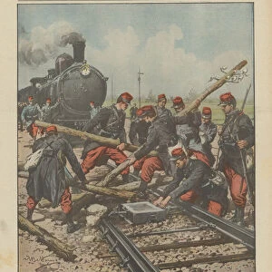 The railway strike in France, soldiers who remove the obstacles posed by strikers for... (colour litho)