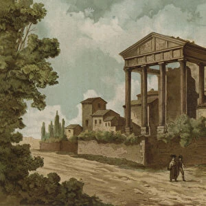 The Roman Temple of Hercules in Cori, Italy (chromolitho)