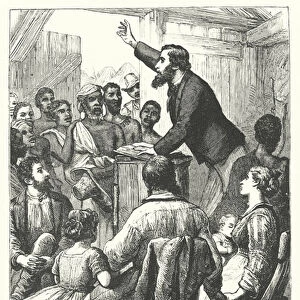 Scottish missionary Robert Moffat preaching in a Boers house in South Africa (engraving)