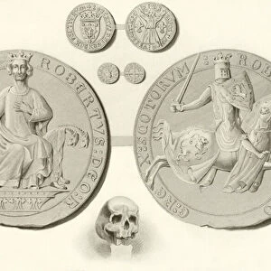 Seal coins and skull of king Robert Bruce (engraving)