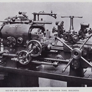 Set-up on capstan lathe showing piloted tool holders (b / w photo)