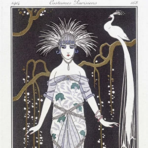 Silver brocade evening dress and wig - Illustration by George Barbier (1882-1932). in "Journal des dames et des modes: Costumes Parisiens", 1914
