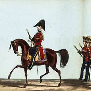 Sir Charles Lamb, Knight Marshal on horseback, followed by Marshalmen in scarlet coat, blue trousers and shako, in ranks of four in Queen Victorias coronation parade