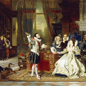 Sir Walter Raleigh and Queen Elizabeth, 1875 (oil on panel)