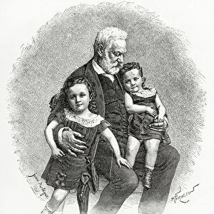 Victor Hugo et ses Petits Enfants, 19th Century (b / w engraving)